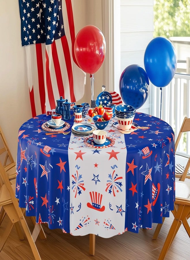 Oudain 3 Pcs 4th of July Round Tablecloth 84 Inch Plastic Patriotic Tablecloth Disposable Independence Day Table Cover Red White Blue Stars Decor for Memorial Day Dinner Party Supplies (Firework) - Image 2