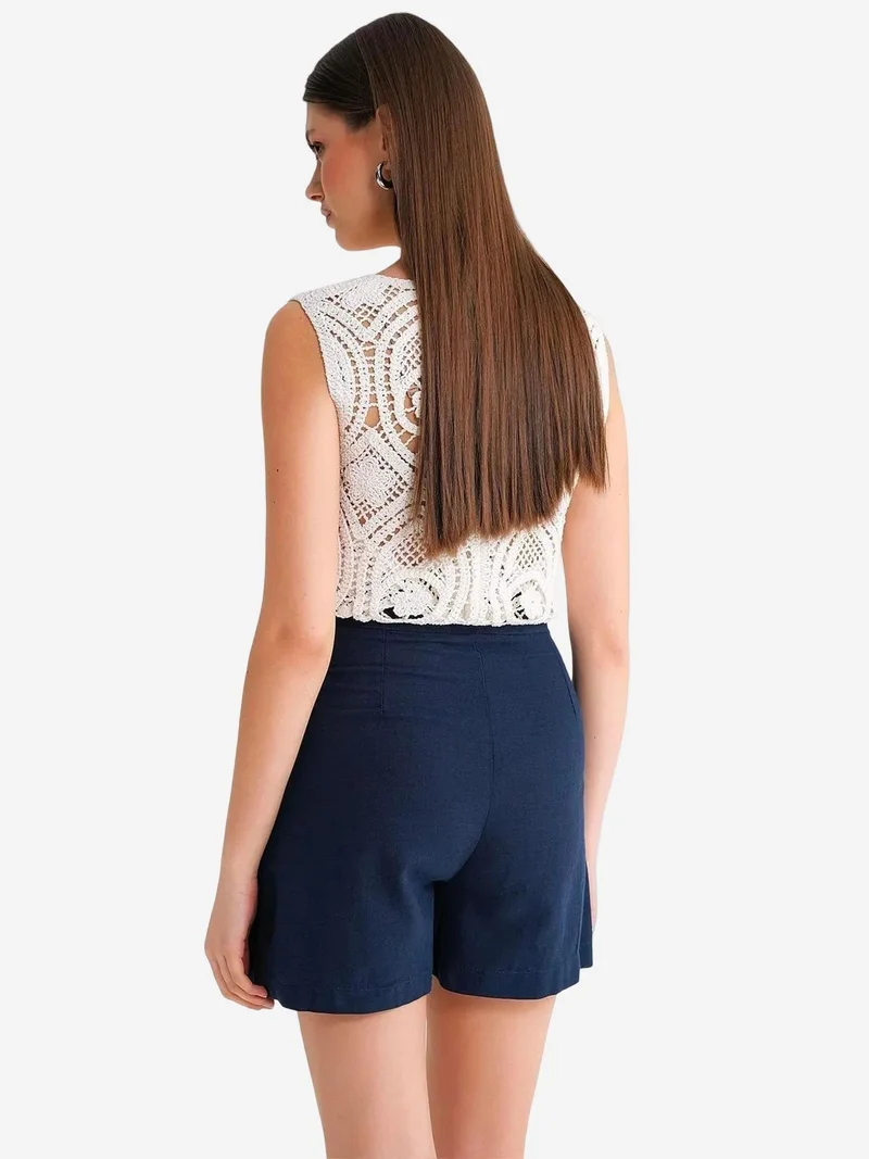Mixray Navy Blue Belted High-Waist Wrap Front Shorts with Slit Detail for Women | Best Price UAE