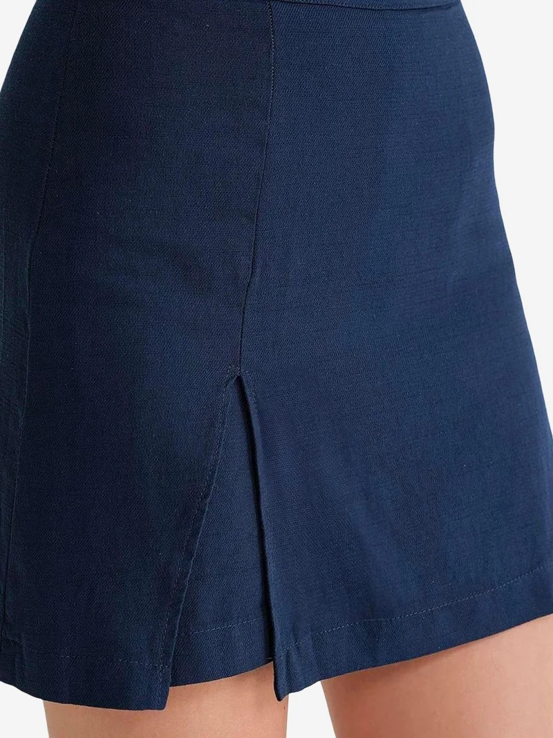 Mixray Navy Blue Belted High-Waist Wrap Front Shorts with Slit Detail for Women | Best Price UAE