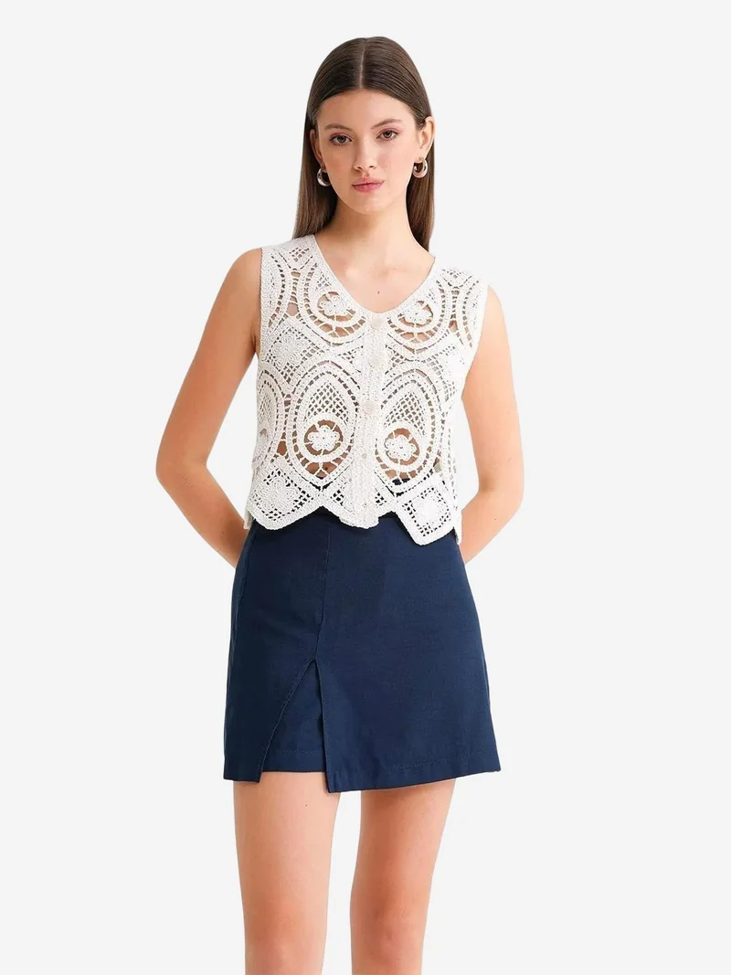 Mixray Navy Blue Belted High-Waist Wrap Front Shorts with Slit Detail for Women | Best Price UAE