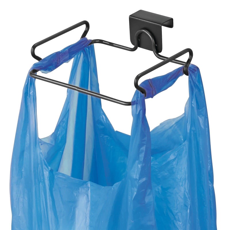 mDesign Over the Cabinet Metal Wire Small Garbage Container, Trash Bag Holder Rack for Recycled Reusable Disposable Plastic Shopping Grocery Bags for Kitchen, Pantry, Garage, Bathroom - Matte Black - Image 1
