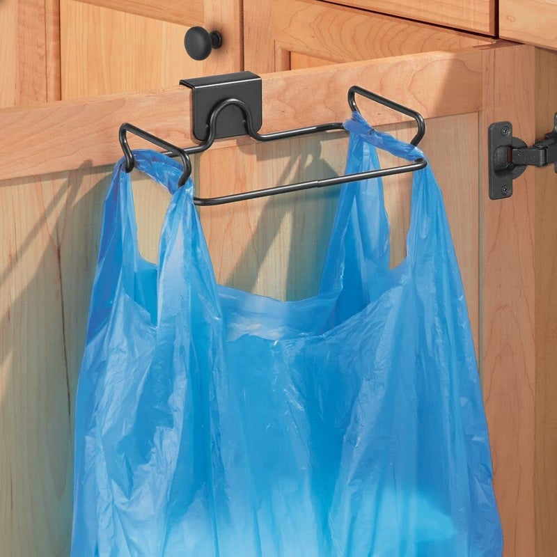mDesign Over the Cabinet Metal Wire Small Garbage Container, Trash Bag Holder Rack for Recycled Reusable Disposable Plastic Shopping Grocery Bags for Kitchen, Pantry, Garage, Bathroom - Matte Black - Image 2