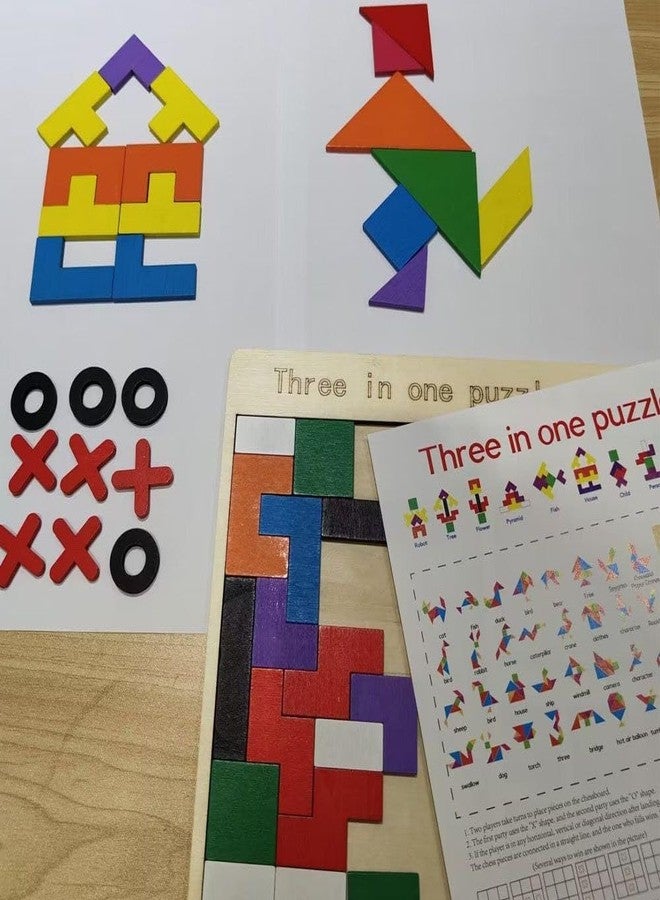 AMENDAS 3 in 1 Wooden Educational Puzzle Toy for Kids Tangram Shape Sorter & Tic-Tac-Toe Game | Montessori Learning Toy for Toddlers Brain Development Skills (3 in 1 Puzzle) - Image 4