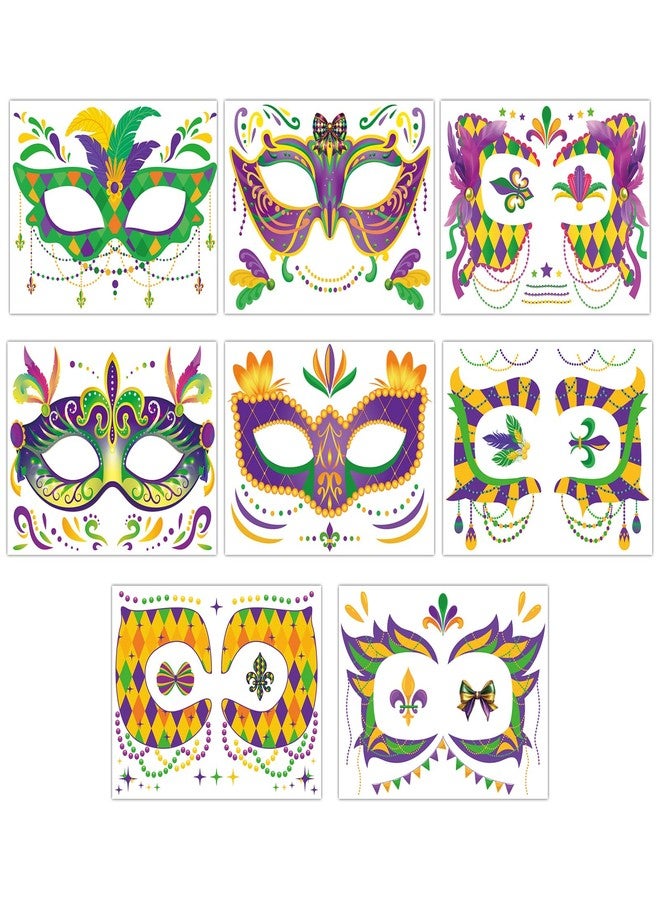 Qpout 8 Sheets Mardi Gras Face Tattoos,New Orleans Parade Themed Carnival Party Temporary Tattoos Stickers for Adults Makeup Mask Masquerade Celebration Party Decoration Favor Supplies - Image 1