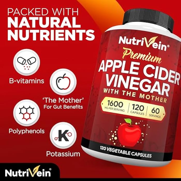 Nutrivein Premium Apple Cider Vinegar Supplements with Mother - 1600 mg - 120 Apple Cider Vinegar Capsules: ACV Pills for Digestion, Keto, Cleansing, and Balanced Nutrition - Image 4
