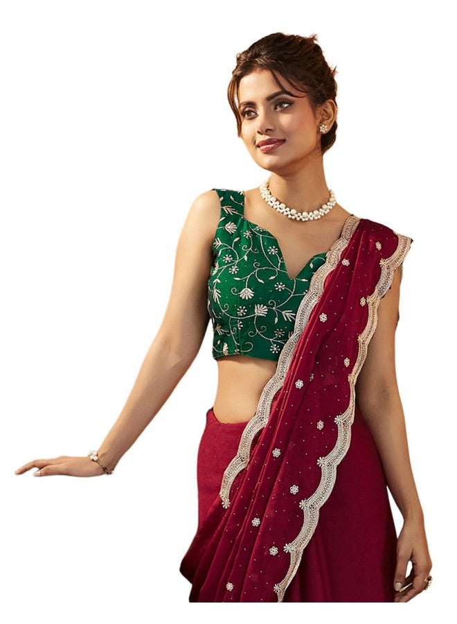 SIRIL ساري سيريلي من مزيج الحرير مع تطريز وأحجار مع قطعة بلوزة غير مخيطة (4021S591_مارون) - Image 1