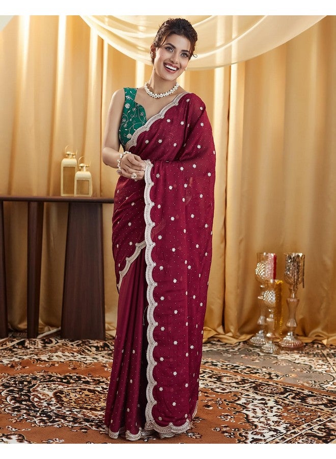 SIRIL ساري سيريلي من مزيج الحرير مع تطريز وأحجار مع قطعة بلوزة غير مخيطة (4021S591_مارون) - Image 2