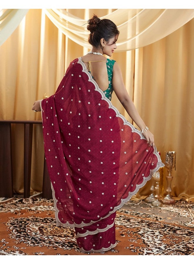 SIRIL ساري سيريلي من مزيج الحرير مع تطريز وأحجار مع قطعة بلوزة غير مخيطة (4021S591_مارون) - Image 4