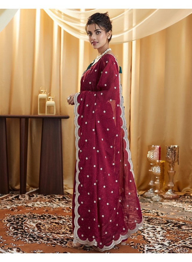 SIRIL ساري سيريلي من مزيج الحرير مع تطريز وأحجار مع قطعة بلوزة غير مخيطة (4021S591_مارون) - Image 5