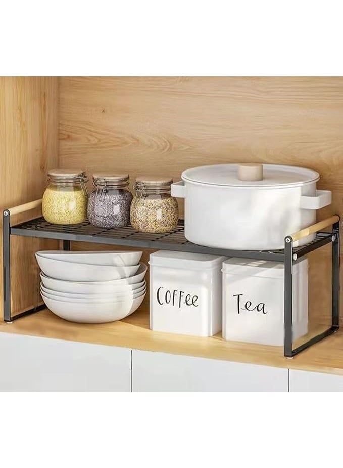 HGYZE رف خزانة مطبخ HGYZE - رف تخزين معدني قوي على سطح الطاولة مقاس 51 × 21 سم، منظم مخزن قابل للتكديس لخزائن المطبخ، غرفة النوم، الحمام وأسطح المكاتب، حامل خزانة أسود ورف توابل - Image 1