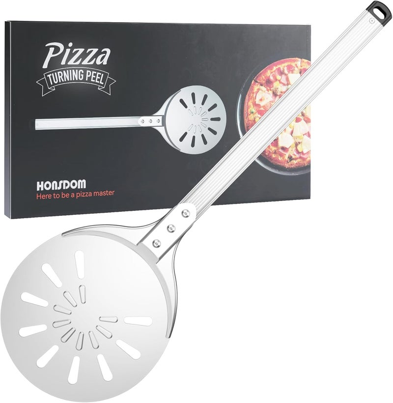 Honsdom Pizza Turning Peel, 8-inch Pizza Peel Turner Spinner, Long Handle Perforated Aluminum Pizza Peel with Silicone Hook, Pizza Oven Accessories - Image 1