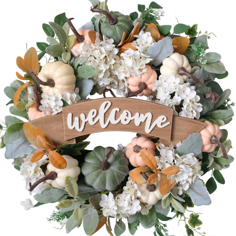 24 Inch Pumpkin Hydrangea Flower Front Door Wreath Autumn Artificial Flower Wreath for Indoor Outdoor Fall Welcome Sign for Festival Decor