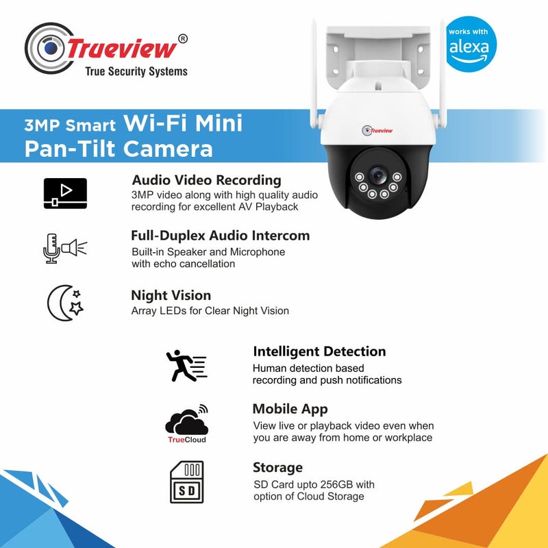 Trueview WiFi 3mp Mini Pan-Tilt Zoom CCTV Camera | Outdoor Indoor Security Camera | Storage on Cloud or SD Card Up to 256 GB | Intruder Alarm | Color Night Vision | Two Way Talk - Image 4