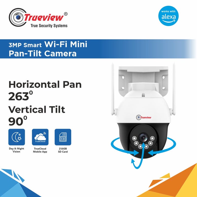 Trueview WiFi 3mp Mini Pan-Tilt Zoom CCTV Camera | Outdoor Indoor Security Camera | Storage on Cloud or SD Card Up to 256 GB | Intruder Alarm | Color Night Vision | Two Way Talk - Image 3