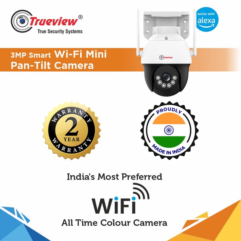 Trueview WiFi 3mp Mini Pan-Tilt Zoom CCTV Camera | Outdoor Indoor Security Camera | Storage on Cloud or SD Card Up to 256 GB | Intruder Alarm | Color Night Vision | Two Way Talk - Image 2
