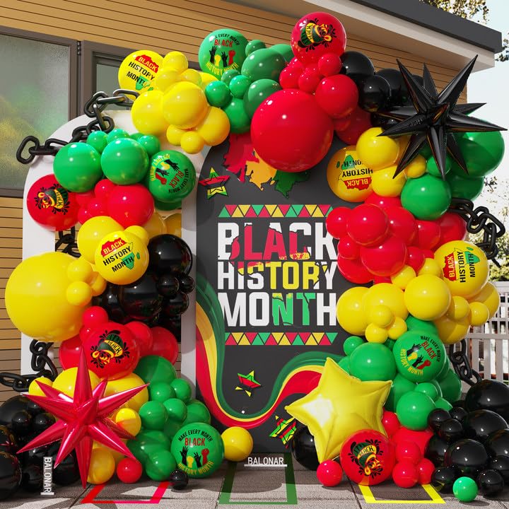 BALONAR Black History Month Balloon Arch 132pcs Africa American Freedom Day Decorations with Explosive Star Green Red Yellow Latex Balloons Black History Party Supplies - Image 1