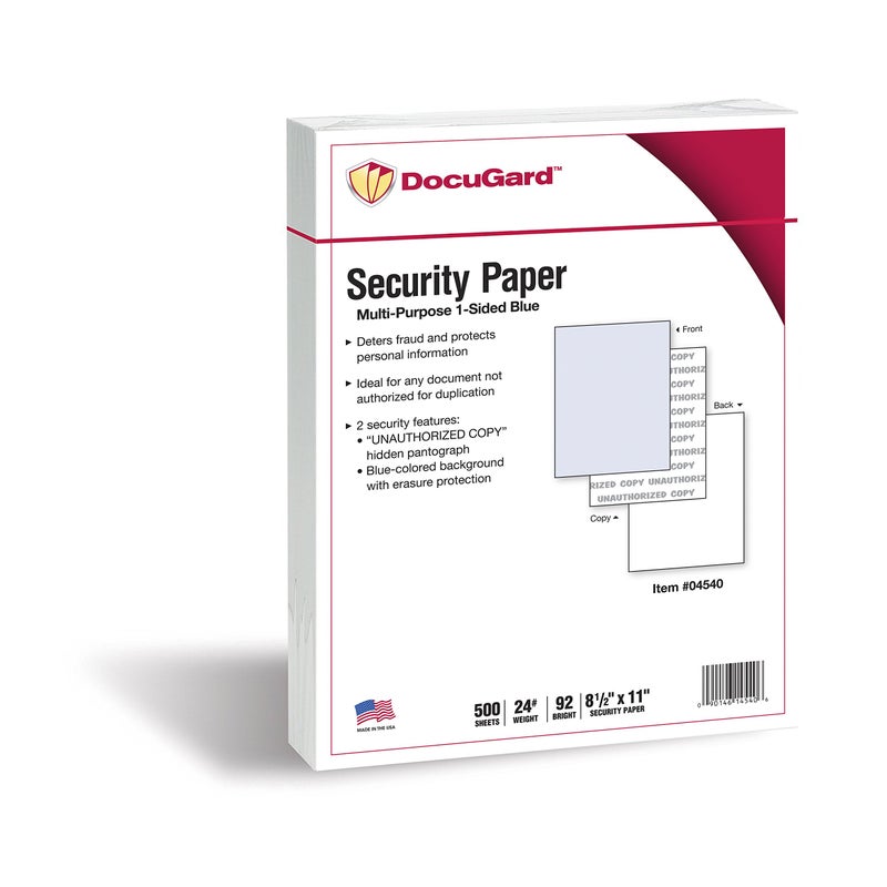 DocuGard Standard Blue Multi-Purpose Security Paper - Fraud Prevention - 2 Security Features - Laser & Inkjet Printer Compatible - 8.5" x 11â€œ - 24 lb - 500 Sheets (04540) - Image 1