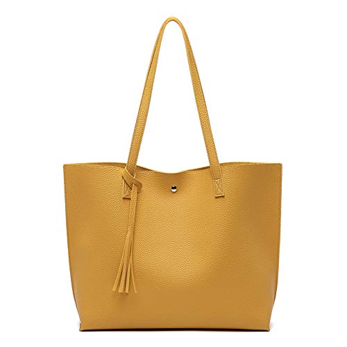 Dreubea Women's Soft Faux Leather Tote Shoulder Bag from, Big Capacity Tassel Handbag Dark Yellow - Image 1