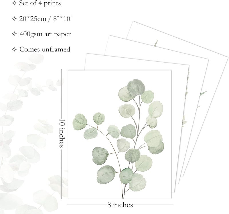 Howwii Botanical Boho Bathroom Decor Wall Art Prints, UNFRAMED Sage Green Plants Decor for Bedroom|Office, Minimalist Eucalyptus Leaves Watercolor Art Prints, Set of 4 Pictures, 8"x10" No Frames - Image 2
