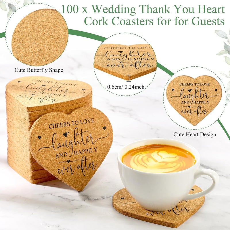 Uiifan 100 Set Wedding Favors for Guest Coaster Gifts Bulk Heart Shaped Coasters Thank You Cards Organza Bags Guest Souvenirs for Wedding Party Bridal Favors - Image 2