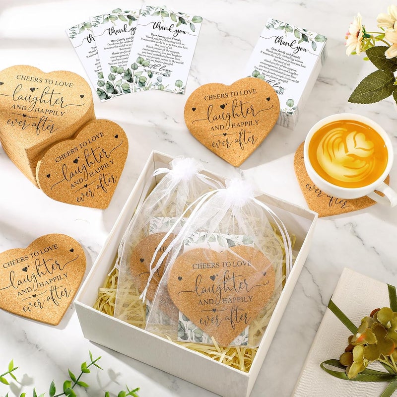 Uiifan 100 Set Wedding Favors for Guest Coaster Gifts Bulk Heart Shaped Coasters Thank You Cards Organza Bags Guest Souvenirs for Wedding Party Bridal Favors - Image 5