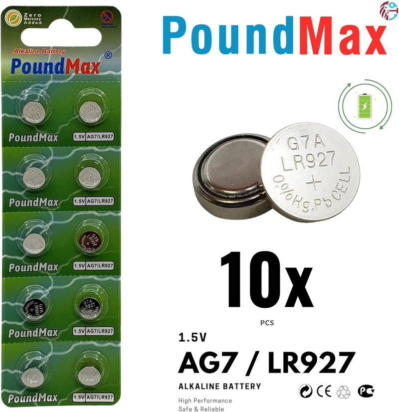 PoundMax 10x AG7 (LR57, LR927, 395) 1.5V Alkaline Button Cell Batteries - 10-Pack - Image 2