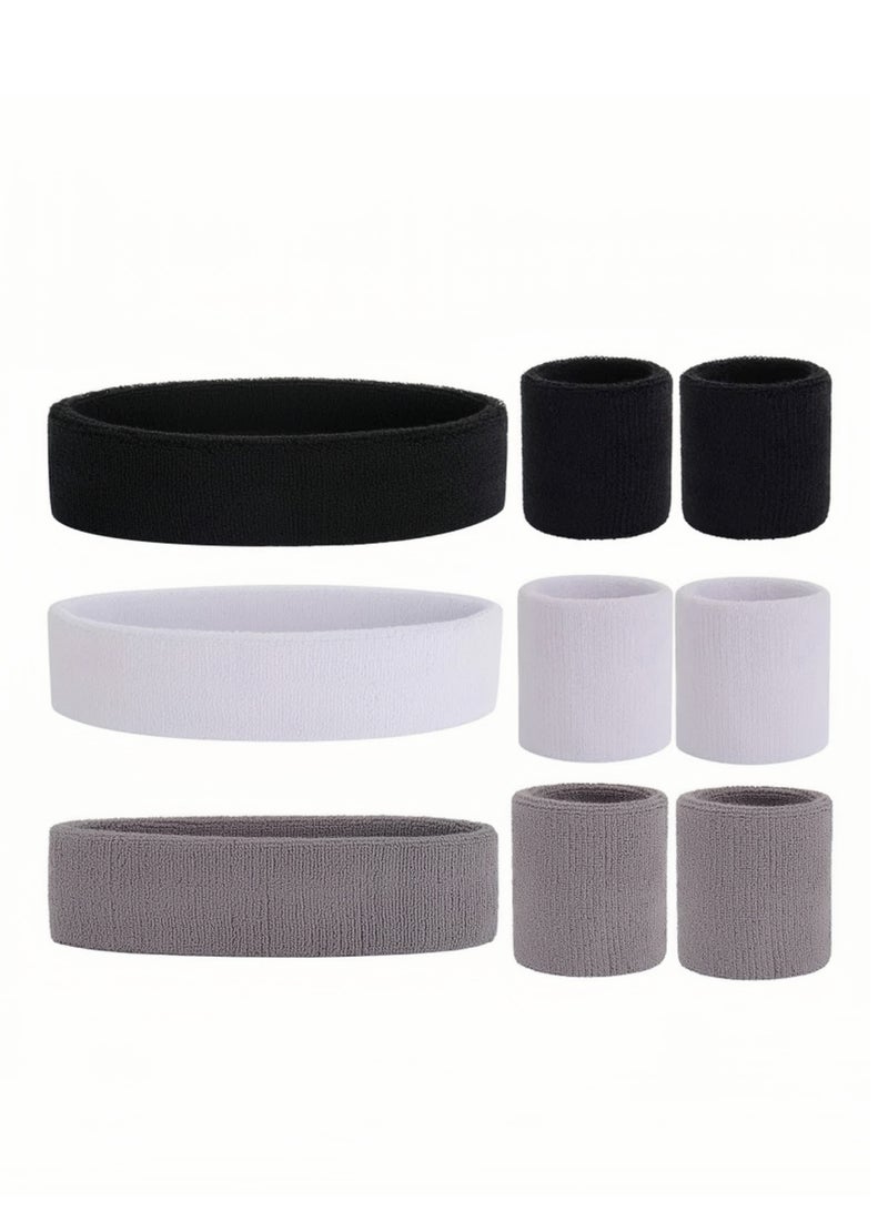 Lee Yon Sports Sweatband, 3 Headbands and 6 Wristbands for Men Women Kids, Moisture-Wickin Elastic Athletic Headband for Gym, Yoga, Tennis, Running, White/Black/Grey  - Image 1