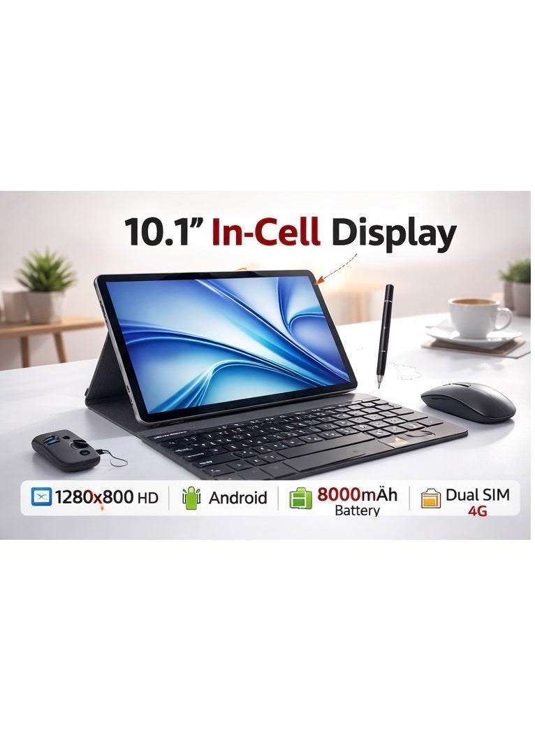 Modio M36 Tablet 10.1” HD In-Cell Display, 12GB RAM + 512GB Storage, 8000mAh Battery, Dual SIM 4G LTE, 13MP Camera, Android Tablet with Keyboard, Mouse & Stylus – Grey