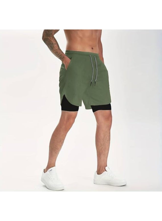 VITION Gym Shorts for Men, Men's Activewear Running Shorts,Drawstring Gym Shorts Men, 2 Layer Loose Athletic Shorts with 4 Pockets (Medium, Green/Black) - Image 2