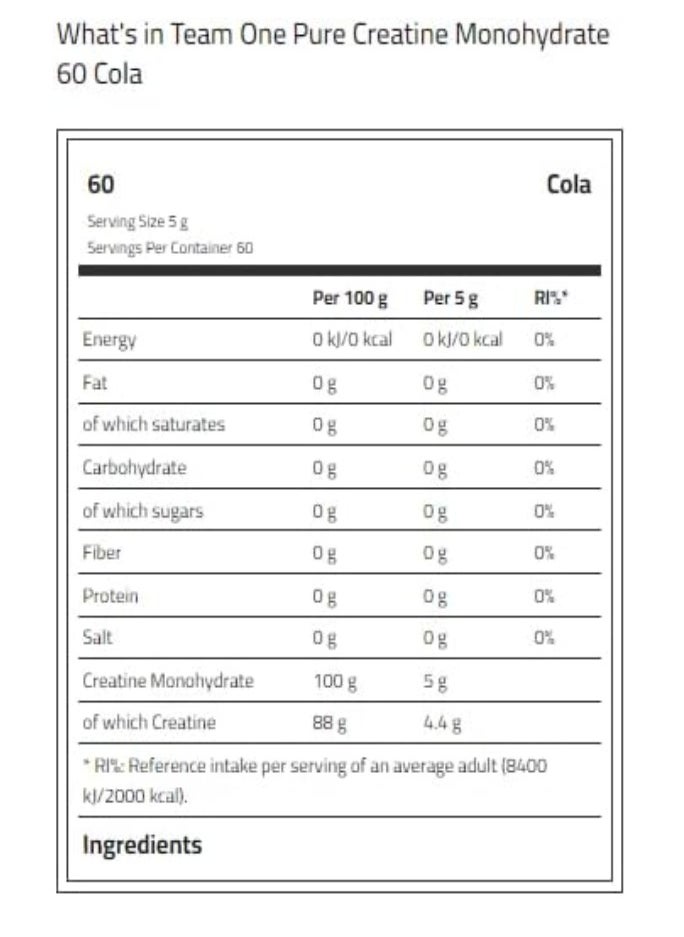Team One Creatine Monohydrate Cola Vegan Powder 60 Servings  - Image 2
