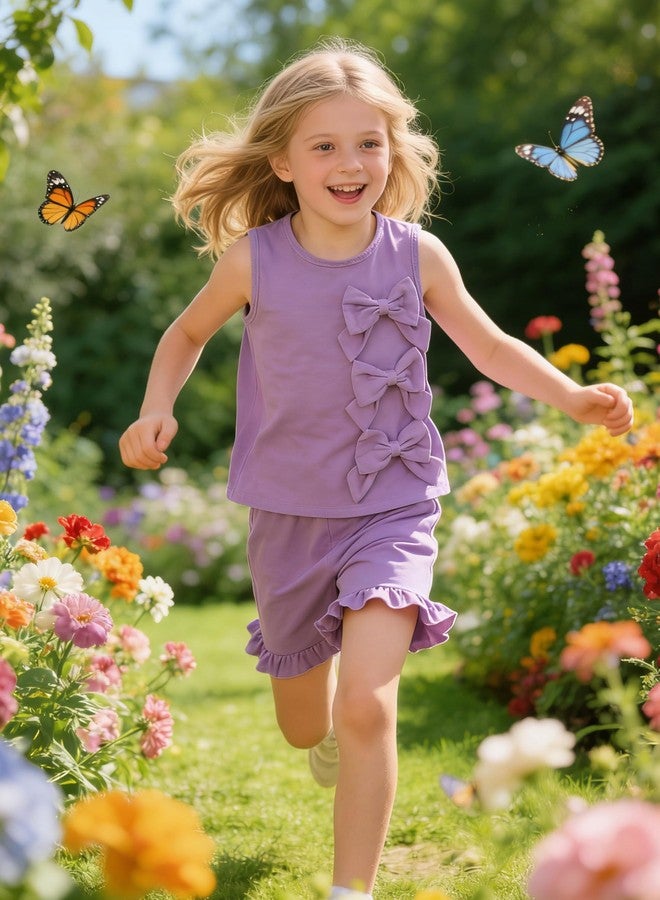FJLSJSW Toddler Kid Girl Summer Outfit Sleeveless Blouson + Casual Ruffled Shorts Cute Bow Summer Clothes Set 7-8 Years Purple - Image 5