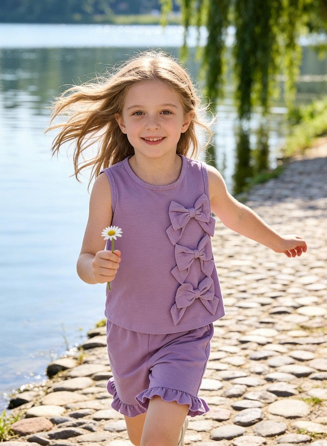 FJLSJSW Toddler Kid Girl Summer Outfit Sleeveless Blouson + Casual Ruffled Shorts Cute Bow Summer Clothes Set 7-8 Years Purple - Image 2