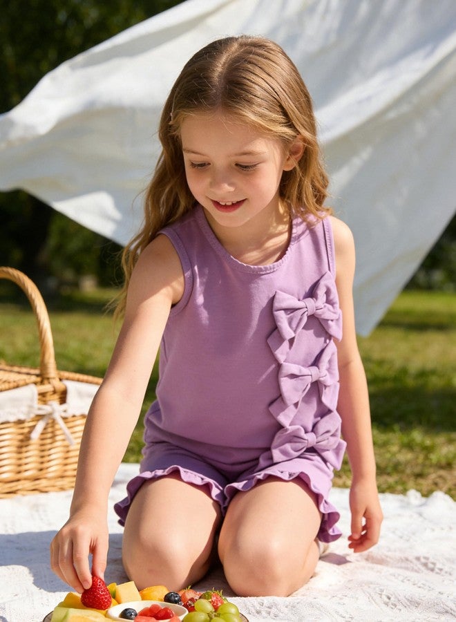 FJLSJSW Toddler Kid Girl Summer Outfit Sleeveless Blouson + Casual Ruffled Shorts Cute Bow Summer Clothes Set 7-8 Years Purple - Image 3
