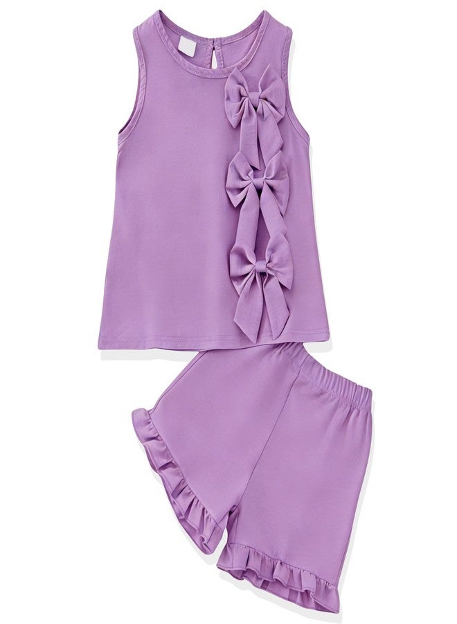 FJLSJSW Toddler Kid Girl Summer Outfit Sleeveless Blouson + Casual Ruffled Shorts Cute Bow Summer Clothes Set 7-8 Years Purple - Image 1