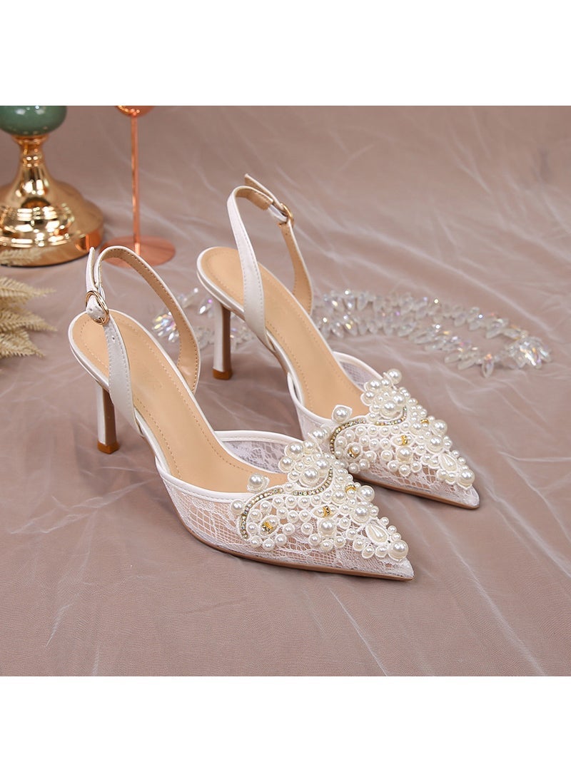 2023 White Bridal Sandals Lace High Heels with PearlsWhite 6.5cm White 6.5cm