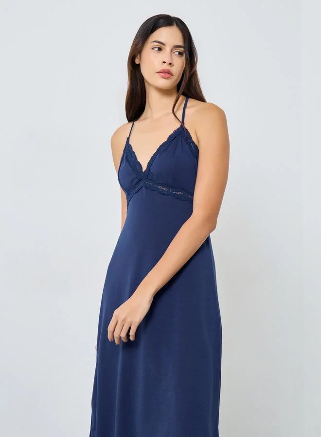 Styli Styli V Neck Racerback Effect Lace Detail Slip Dress