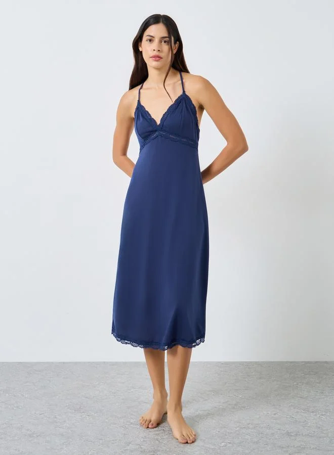 Styli Styli V Neck Racerback Effect Lace Detail Slip Dress