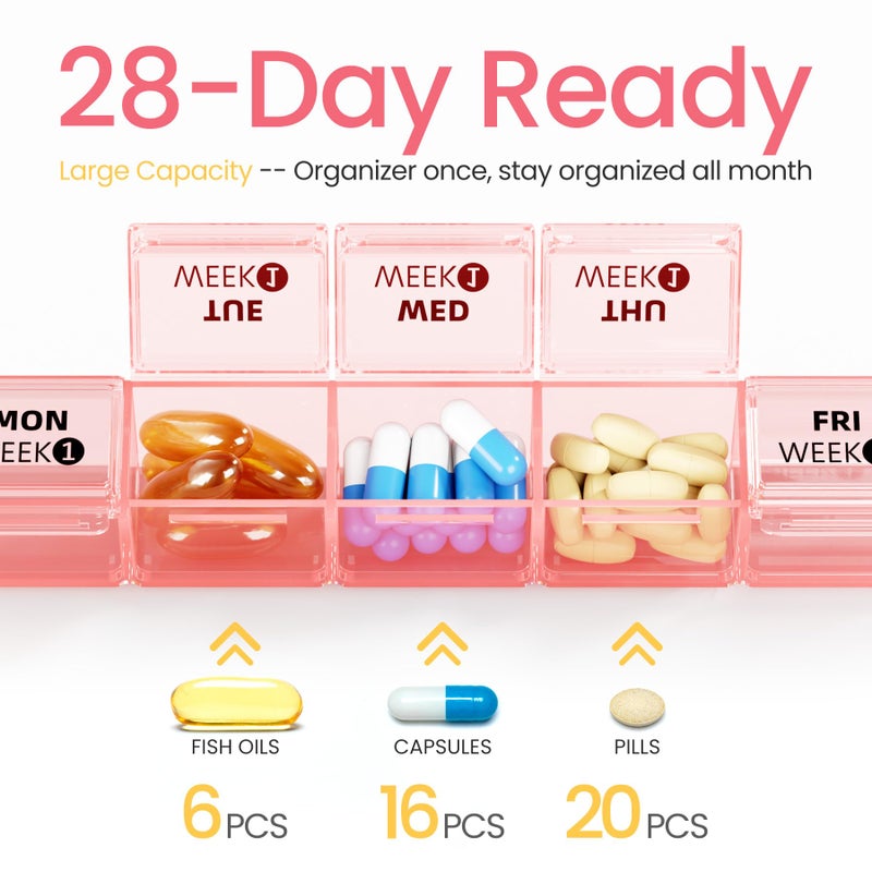 Betife Monthly Pill Organizer 1 Time a Day, 4 Weekly Pill Box Organizer Once a Day, 28 Day Large Pill Case for Travel, 28 Day Daily Medcine Container for Vitamins, Supplement & Medication (Pink) - Image 3