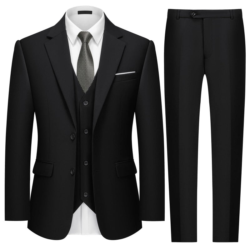 MAGE MALE Mens Two Button 3-Piece Suits Slim Fit Tuxedo Set with Blazer Jacket Vest & Pants for Wedding Prom Business Black - Image 1