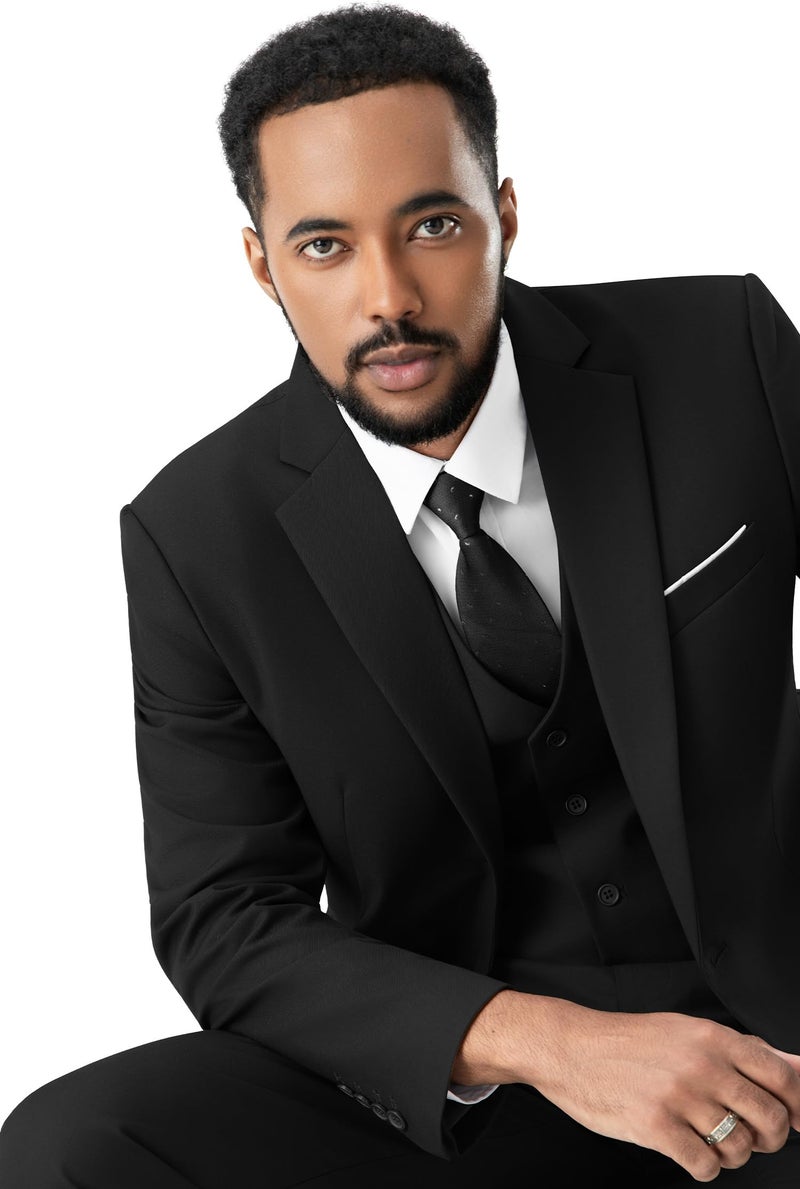 MAGE MALE Mens Two Button 3-Piece Suits Slim Fit Tuxedo Set with Blazer Jacket Vest & Pants for Wedding Prom Business Black - Image 2