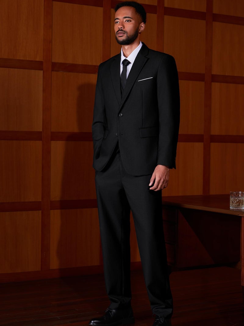 MAGE MALE Mens Two Button 3-Piece Suits Slim Fit Tuxedo Set with Blazer Jacket Vest & Pants for Wedding Prom Business Black - Image 3