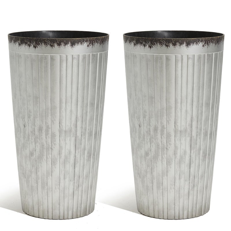 Worth Garden 22.5" H. Plastic Planters - Set of 2 Silver Color Tall Conical Plant Pots for Indoor Outdoor Use - Decorative Lightweight Flower Pots for Front Porch, Patio, Deck - 12.5" Dia x 22.5" H - Image 1