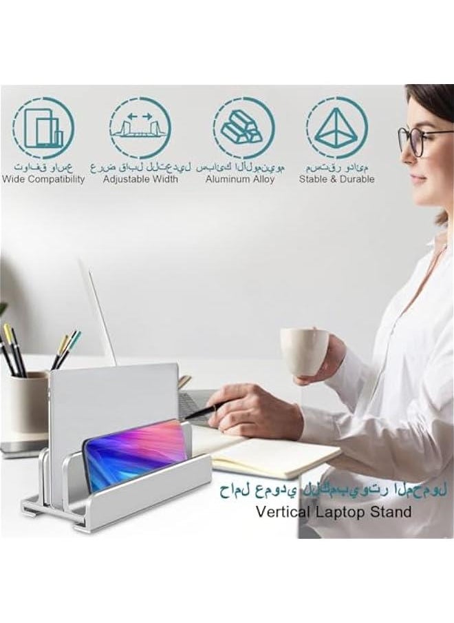 BWSJ Vertical Laptop Stand Adjustable Desktop Laptop Stand Aluminum Alloy Notebook Mount Base eSaving 2 Slot Laptop Storage with NonSlip Rubber Padding Desk Organizer for Book Tablet iPad Ph  - Image 2