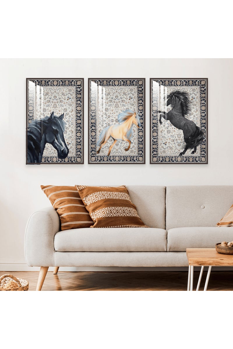 Marktna Three wooden wall painting with a horse design, with a frame and a clear acrylic layer. - Image 1