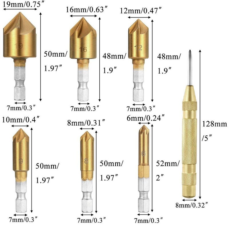Rocaris 23-Pack Woodworking Chamfer Drilling Tool, 6pcs 1/4" Hex 5 Flute 90 Degree Countersink Drill Bits, 7pcs Three Pointed with L-Wrench, 8PCS Wood Plug Cutter, and Automatic - Image 3