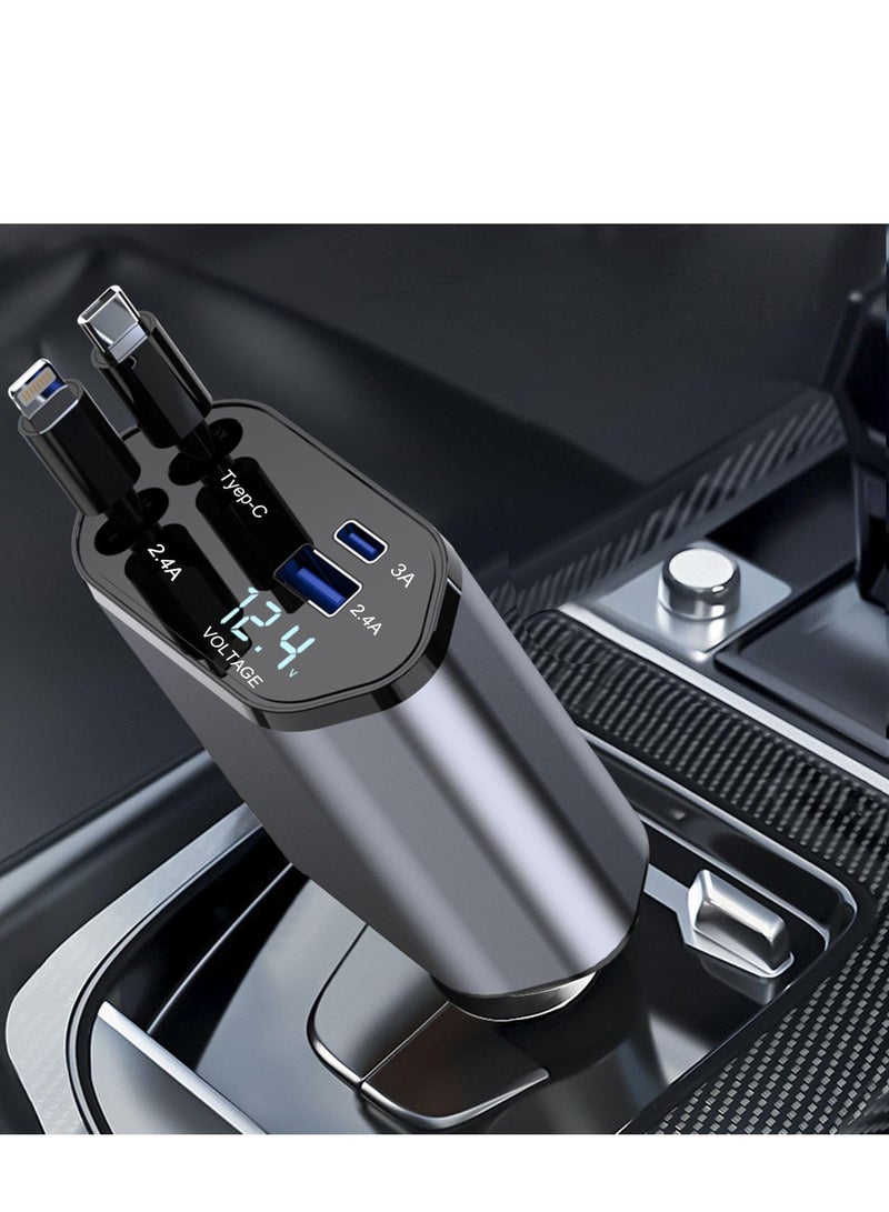 Angmei Retractable Car Charger, 4 in 1 Fast Car Phone Charger 100W with Cord 2.6ft, Retractable Cable and 2 USB Ports Car Charger Adapter for iPhone 15 14 13 12 Pro Max, Galaxy S23 - Image 1