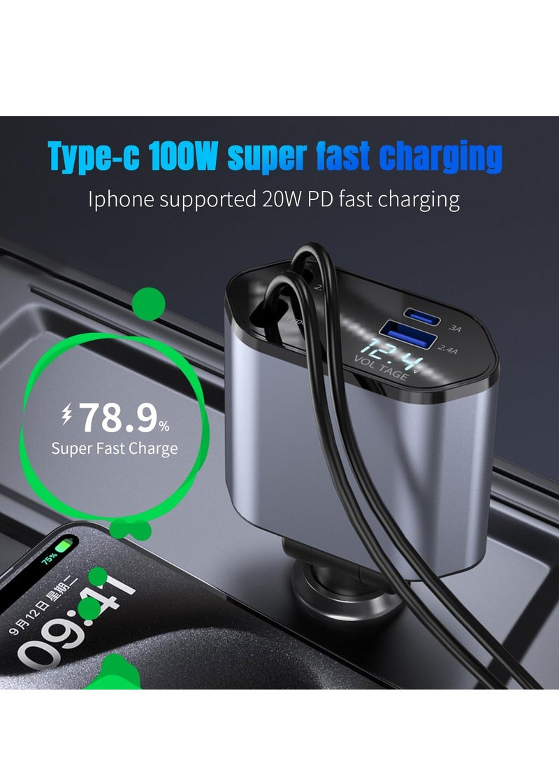 Angmei Retractable Car Charger, 4 in 1 Fast Car Phone Charger 100W with Cord 2.6ft, Retractable Cable and 2 USB Ports Car Charger Adapter for iPhone 15 14 13 12 Pro Max, Galaxy S23 - Image 2
