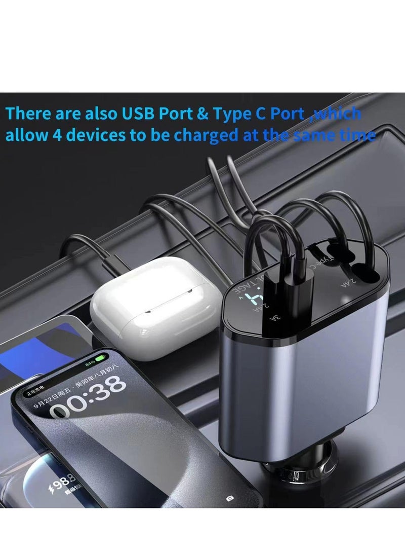 Angmei Retractable Car Charger, 4 in 1 Fast Car Phone Charger 100W with Cord 2.6ft, Retractable Cable and 2 USB Ports Car Charger Adapter for iPhone 15 14 13 12 Pro Max, Galaxy S23 - Image 3