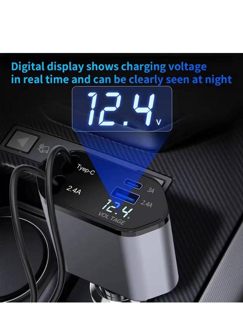 Angmei Retractable Car Charger, 4 in 1 Fast Car Phone Charger 100W with Cord 2.6ft, Retractable Cable and 2 USB Ports Car Charger Adapter for iPhone 15 14 13 12 Pro Max, Galaxy S23 - Image 4