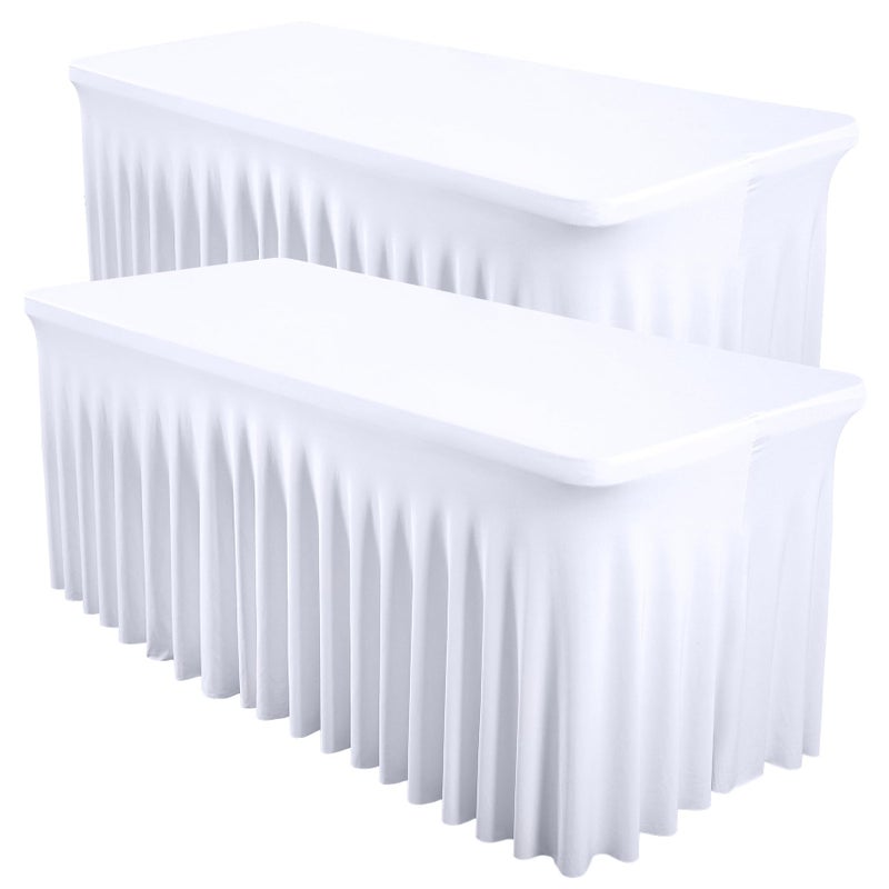 Shillance 2 Packs White Spandex Table Covers 6 Foot, Fitted Stretch Table Cloth with Skirts 72x30 Inch, Wrinkle-Free Floor Length Rectangle Tablecloths for Weddings Parties Banquets Events - Image 1